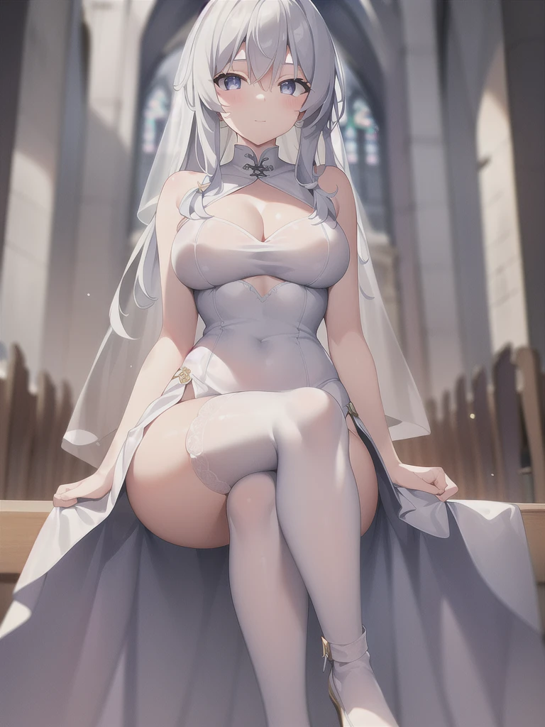 A girl，Long hair, Bangs, White hair, Hair between the eyes, s eyes:（1.5),  (Large Breasts:1.2), 
rest  锁骨, Wedding dress，veil，wedding，White Dress，Flowers，The skirt is broken，White socks，Tights，White knee socks，
Looking at the audience, whole body,
indoors, church，permanent，permanent，
rest (masterpiece:1.2), best quality, high resolution,  8k wallpaper, (illustration:0.8), (美丽细致s eyes:1.6), Extremely detailed face, Perfect lighting, Extremely detailed CG, (Perfect hands, Perfect anatomical structure),