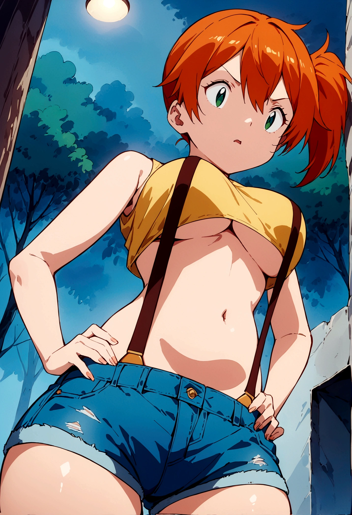 score_9,score_8, score_7_.superior,from below,macro lens. (Low angle shot), (Insect's Eye).,, masterpiece,bestquality, Highest quality, (mature) , (outcome), One girl, , Foggy, alone, Outdoor, Green Eyes, Orange Hair, Side Ponytail, Yellow Shirt, Sleeveless shirt,belly button, Denim shorts, suspenders, Captivating look, Seductive expressions),(under_boob),superfineillustration,finely detail,(absurdres),(shirt pull:1.2),hands on own hips,cinematic lighting