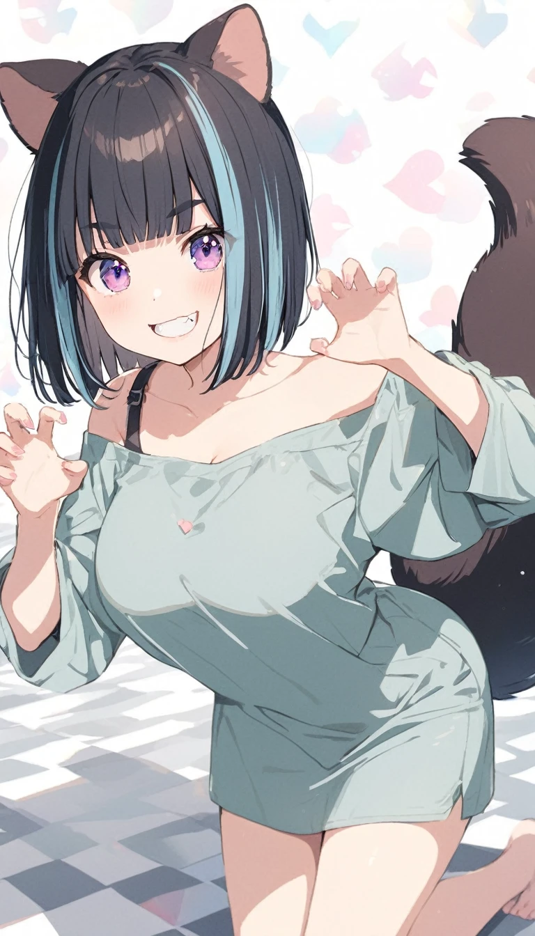 anime,(pale colors:1.8),long shot, 1girl, (on right:1.3), solo, cat mouth, dynamic angle, claw pose, grin, smile, opened mouth, all fours, fang, blue hair, bobcut, straight hair, racoon ears, racoon tail, (brown streaked hair:1.3), (blunt bangs) ,thick eyebrows, big breast, off shoulder clothes, cutout, striped and heart background, shadow,