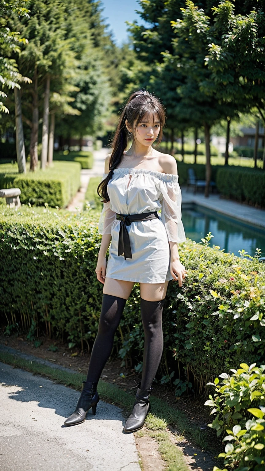 (8K、RAW Photos、Highest quality、masterpiece:1.2)、(Realistic、Realistic)、1 Girl、((Long dress、Off the shoulder、ponytail、ribbon、See-through、smile、Black and Pink、Thin legs、whole body、boots、tights、garden、View from the front、Looking into the camera、belt、Stand with hands on hips))、cute
