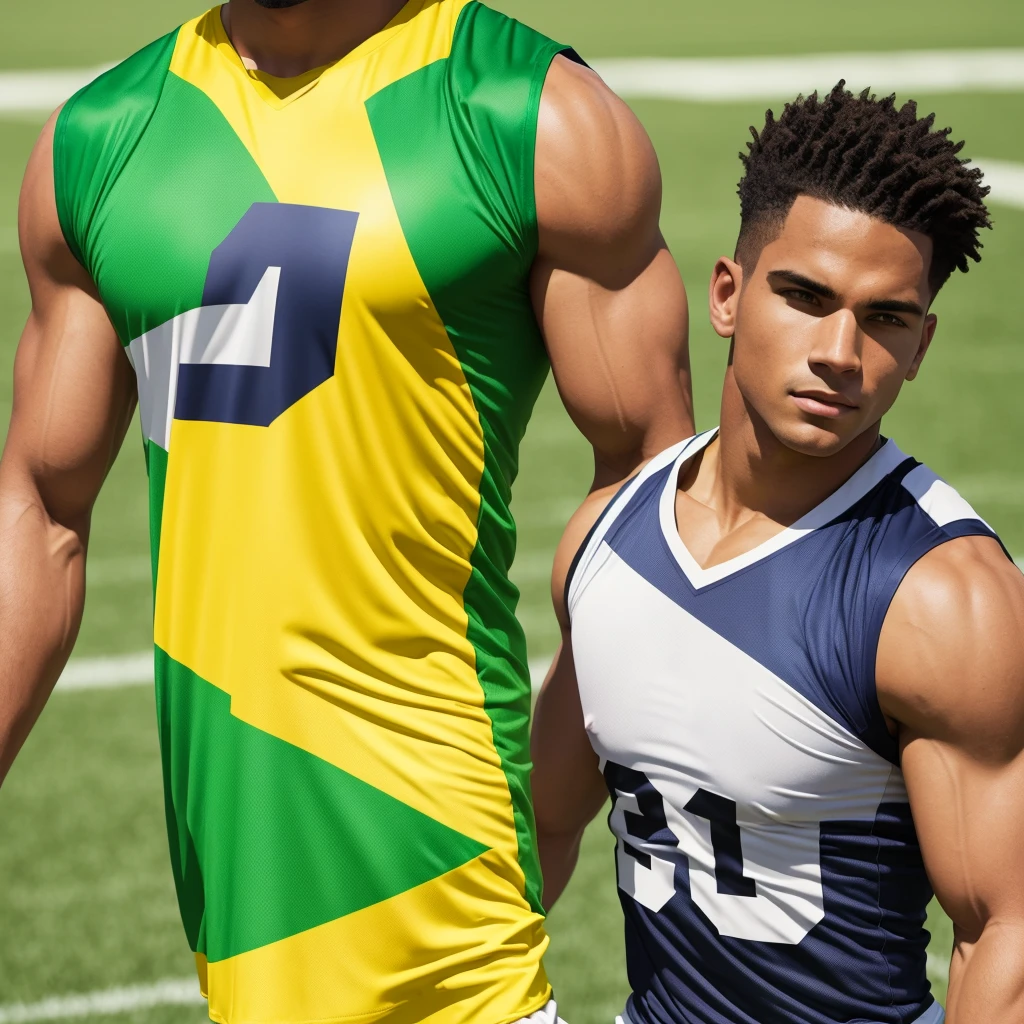 Men’s Flag football sleeveless uniform, with primary color yellow and green details, must contain a drawing of a corn as a logo