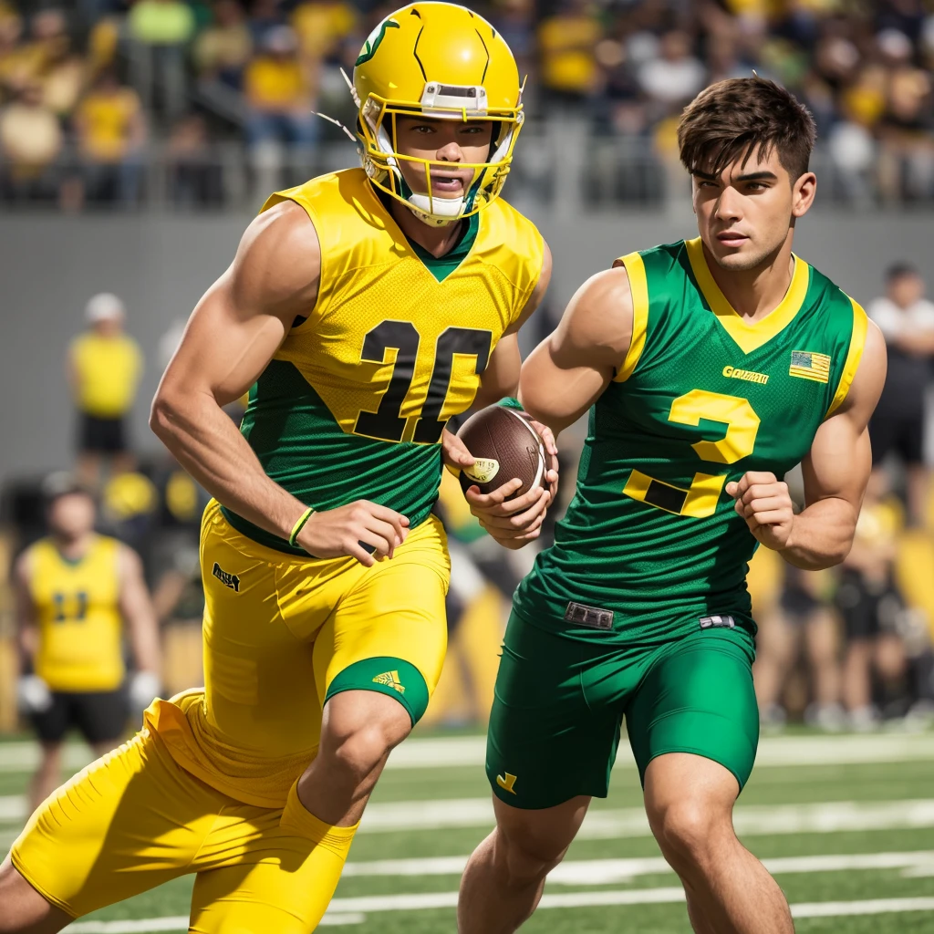 Men’s Flag football sleeveless uniform, with primary color yellow and green details, must contain a drawing of a corn as a logo