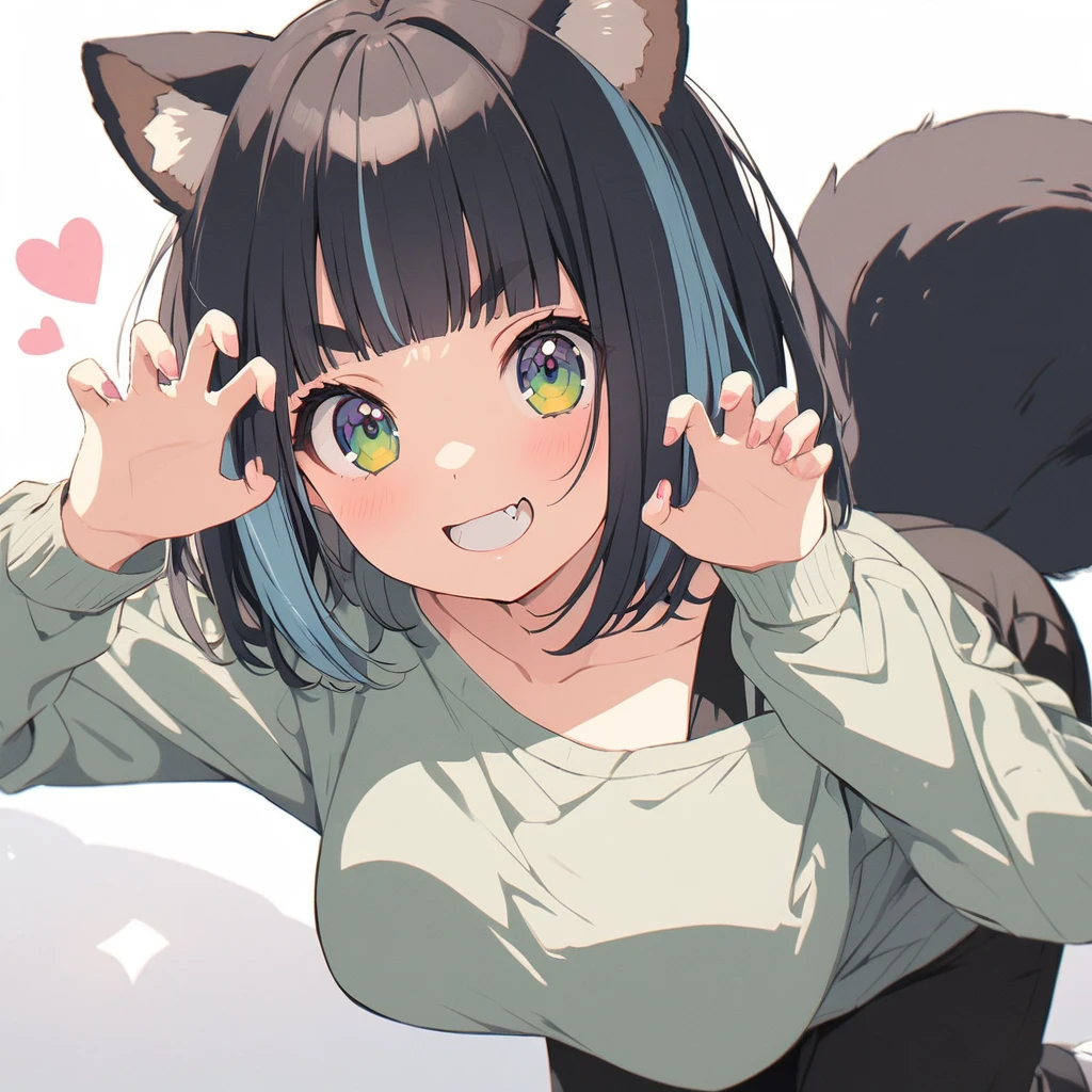 anime,(pale colors:1.8),long shot, 1girl, (on right:1.3), solo, cat mouth, dynamic angle, claw pose, grin, smile, opened mouth, all fours, fang, blue hair, bobcut, straight hair, racoon ears, racoon tail, (brown streaked hair:1.3), (blunt bangs) ,thick eyebrows, big breast, off shoulder clothes, cutout, striped and heart background, shadow,