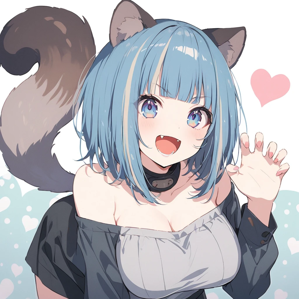 anime,(pale colors:1.8),long shot, 1girl, (on right:1.3), solo, cat mouth, dynamic angle, claw pose, grin, smile, opened mouth, all fours, fang, blue hair, bobcut, straight hair, racoon ears, racoon tail, (brown streaked hair:1.3), (blunt bangs) ,thick eyebrows, big breast, off shoulder clothes, cutout, striped and heart background, shadow,