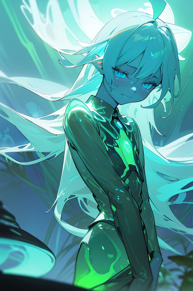 fantasy background, (illustration:1.0), masterpiece, best quality , (((bioluminescent lighting, blue light: 1.5 ,blue lighting: 1.5, blue tint: 1.5))) , detailed face and eyes, 1 boy, glow in the dark eyes, glow in the dark hair: 1.5, detailed background , (wandering in a lush bioluminescent glow in the dark forest), (blue grass, blue leaves), forest, glow in the dark forest: 1.5, (bioluminescent forest: 1.5. bioluminescent environment: 1.5), florescent environment, ((glowing trees, glowing grass, glowing vegetation)), (((bioluminescence: 1.5))), (((glowing particles in the air: 1.5, light particles : 1.5,))),((night: 1.5)), cowboy shot, very long hair, white hair, ahoge, blue eyes, emotionless, cold attitude, half-closed eyes, flat chest, from above