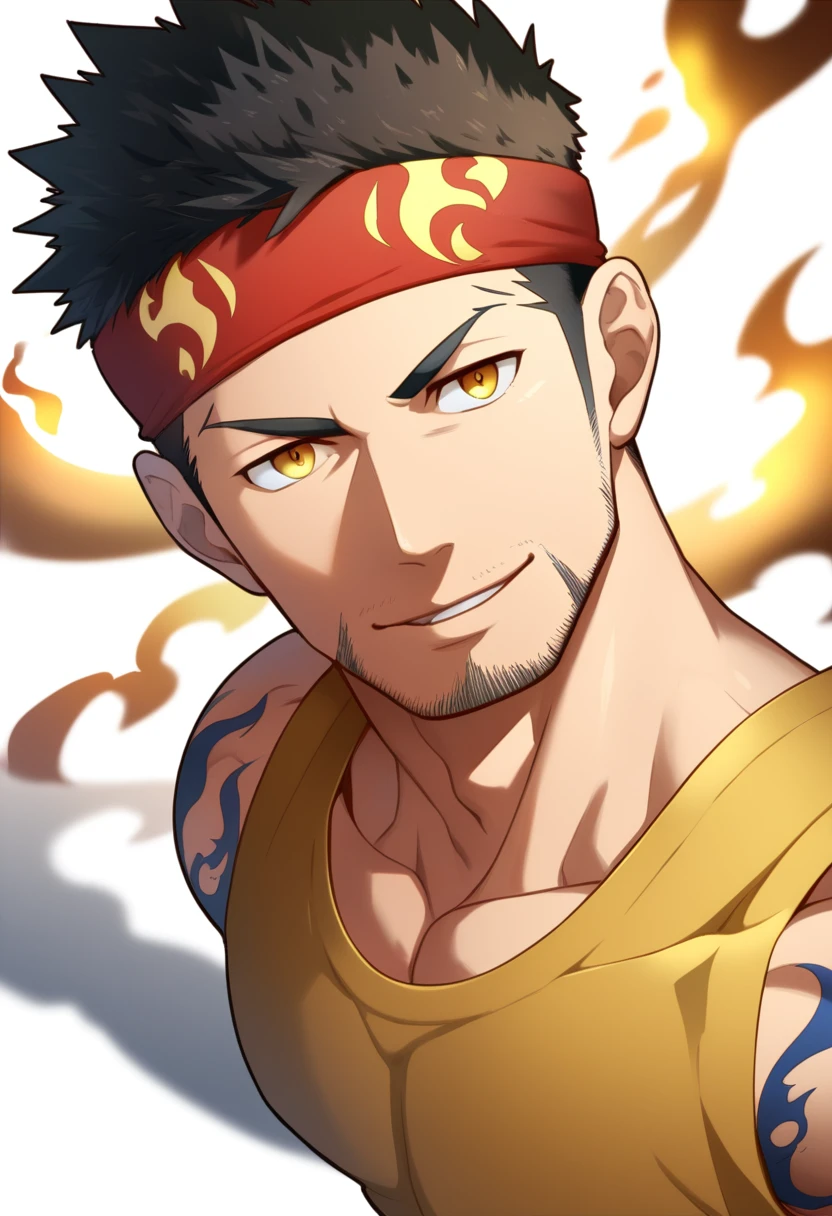 anime characters:Gyee, priapus, 1 young muscular man, male focus, Flame tattoo, sports Red headband, Dark Yellow spandex tight tank top, Very tight, muscular male, muscular, Round, firm and full chest muscles, only, Upper body, alone, Black short hair, Thick eyebrows, stubble, Yellow eyes, White background, simple background, amazing quality, best aesthetics, Ridiculous, bright pupils, crew cut, naughty face, torogao, parted lips, halo, god rays, best quality