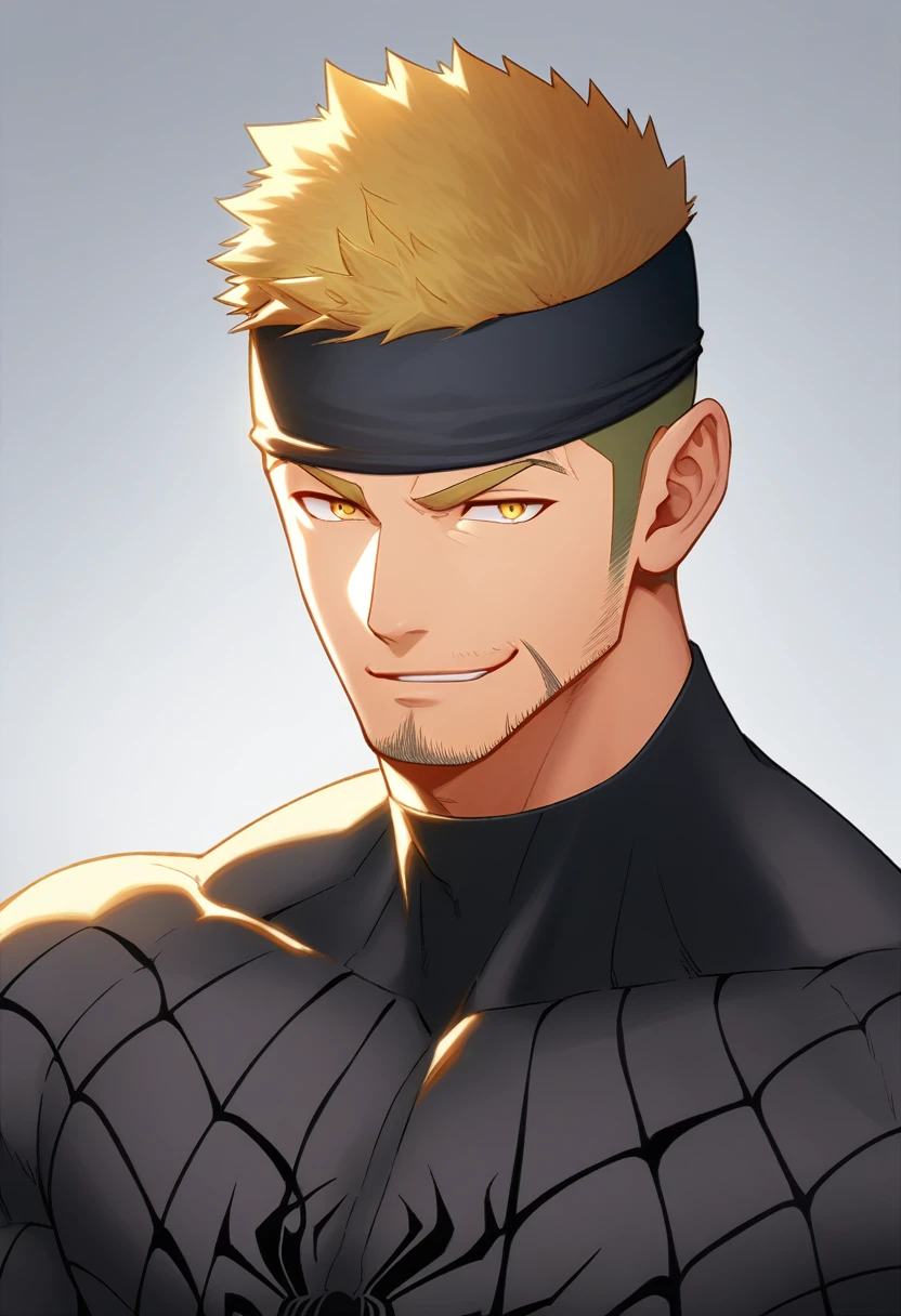 anime characters：Gyee, priapus, 1 young muscular man, male focus, sports Black headband, Black Spiderman Turtleneck Bodysuit, Spider-Man logo, muscular male, Round, firm and full chest muscles, only, Upper body, alone, Yellow short hair, stubble, Yellow eyes, Wink, White background, simple background, amazing quality, best aesthetics, Ridiculous, bright pupils, crew cut, naughty face, torogao, parted lips, best quality