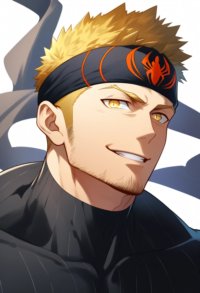 anime characters:Gyee, priapus, ung muscular man, male focus, sports Black headband, Black Spiderman Turtleneck Bodysuit, Spider-Man logo, muscular male, Round, firm and full chest muscles, only, Upper body, alone, Yellow short hair, stubble, Yellow eyes, Wink, White background, simple background, amazing quality, best aesthetics, Ridiculous, bright pupils, crew cut, naughty face, torogao, parted lips, best quality
