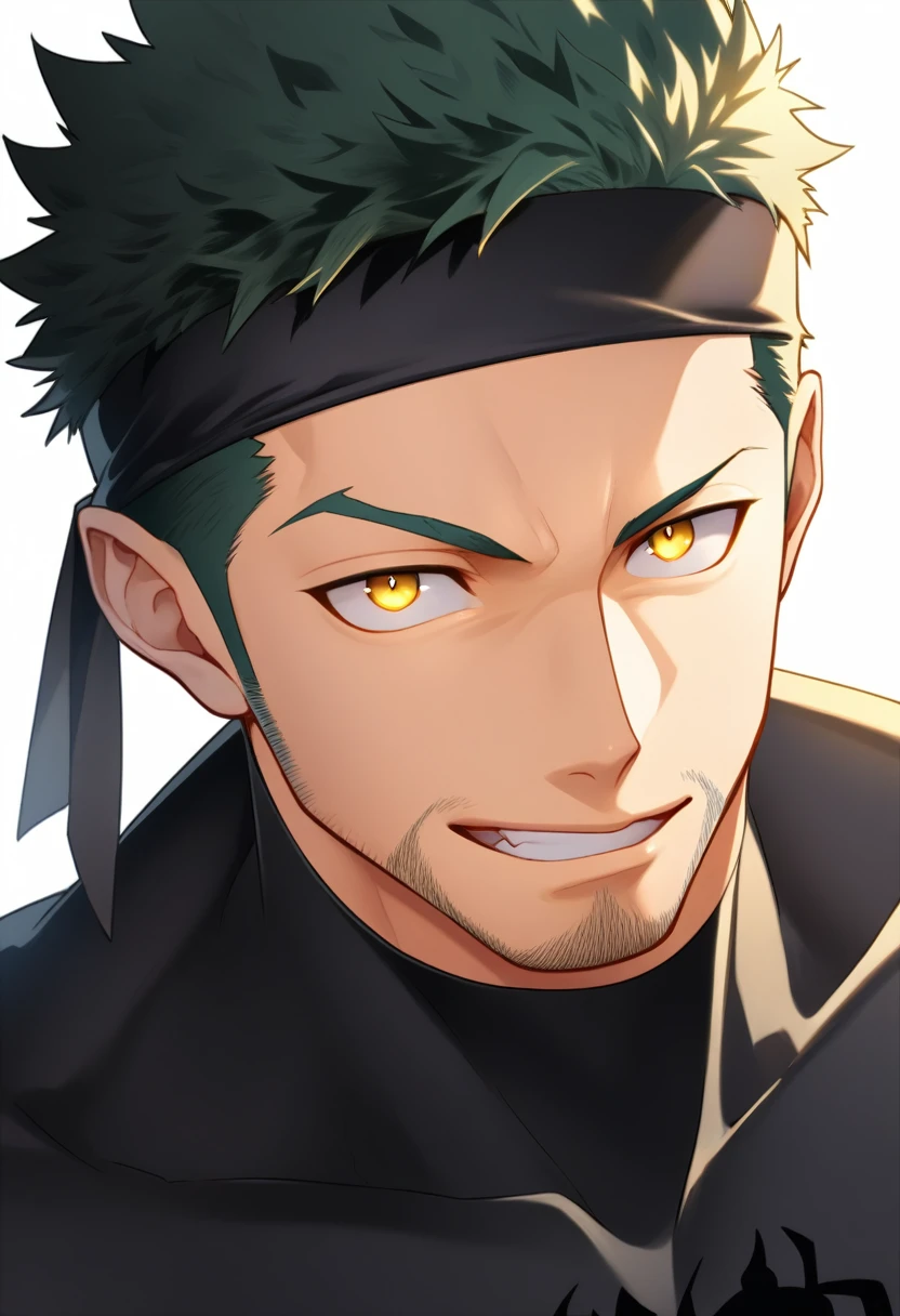 anime characters:Gyee, priapus, ung muscular man, male focus, sports Black headband, Black Spiderman Turtleneck Bodysuit, Spider-Man logo, muscular male, Round, firm and full chest muscles, only, Upper body, alone, Yellow short hair, stubble, Yellow eyes, Wink, White background, simple background, amazing quality, best aesthetics, Ridiculous, bright pupils, crew cut, naughty face, torogao, parted lips, best quality