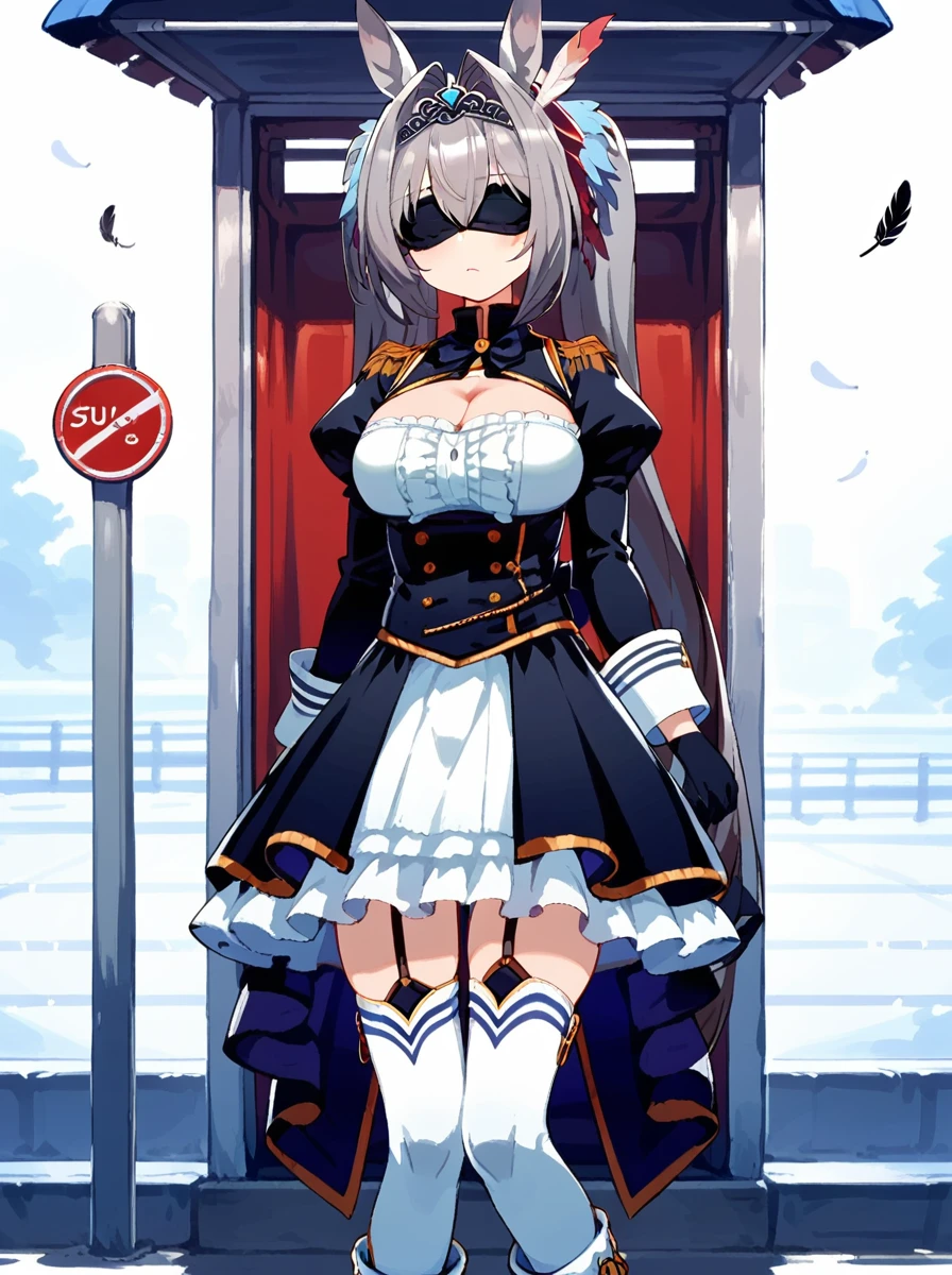 Score 9, Score 8 up, Score 7 up, The rating is questionable, Detailed Background, Daiwa, Large Breasts)a ,2bBlindfold,Gray Hair,One girl,Blindfold,Black Dress,Puffy sleeves,Black hair band,Black gloves,Cleavage cutout,Long sleeve,Juliet Sleeve,Thigh-high boots,Feather ornament sleeves,Knee socks under boots,Black knee socks,turtleneck,Are standing,bus stop,