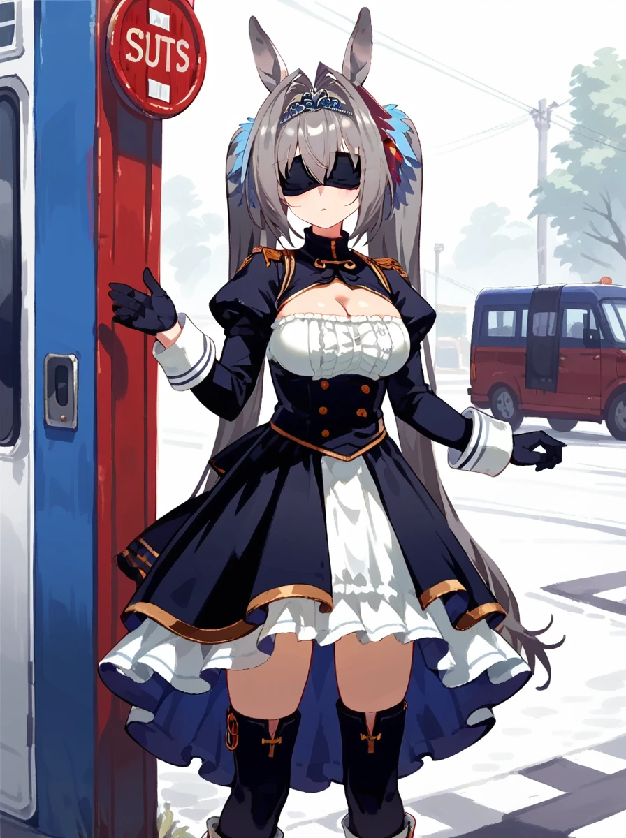 Score 9, Score 8 up, Score 7 up, The rating is questionable, Detailed Background, Daiwa, Large Breasts)a ,2bBlindfold,Gray Hair,One girl,Blindfold,Black Dress,Puffy sleeves,Black hair band,Black gloves,Cleavage cutout,Long sleeve,Juliet Sleeve,Thigh-high boots,Feather ornament sleeves,Knee socks under boots,Black knee socks,turtleneck,Are standing,bus stop,