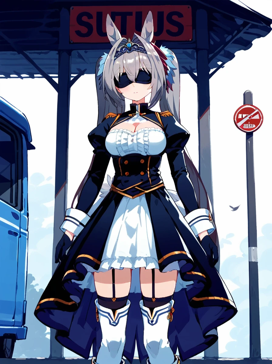 Score 9, Score 8 up, Score 7 up, The rating is questionable, Detailed Background, Daiwa, Large Breasts)a ,2bBlindfold,Gray Hair,One girl,Blindfold,Black Dress,Puffy sleeves,Black hair band,Black gloves,Cleavage cutout,Long sleeve,Juliet Sleeve,Thigh-high boots,Feather ornament sleeves,Knee socks under boots,Black knee socks,turtleneck,Are standing,bus stop,