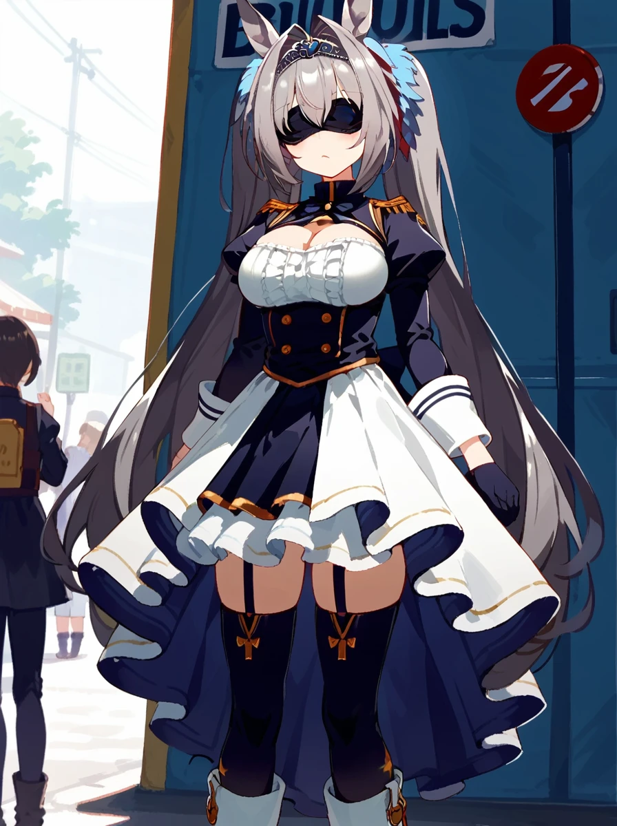 Score 9, Score 8 up, Score 7 up, The rating is questionable, Detailed Background, Daiwa, Large Breasts)a ,2bBlindfold,Gray Hair,One girl,Blindfold,Black Dress,Puffy sleeves,Black hair band,Black gloves,Cleavage cutout,Long sleeve,Juliet Sleeve,Thigh-high boots,Feather ornament sleeves,Knee socks under boots,Black knee socks,turtleneck,Are standing,bus stop,