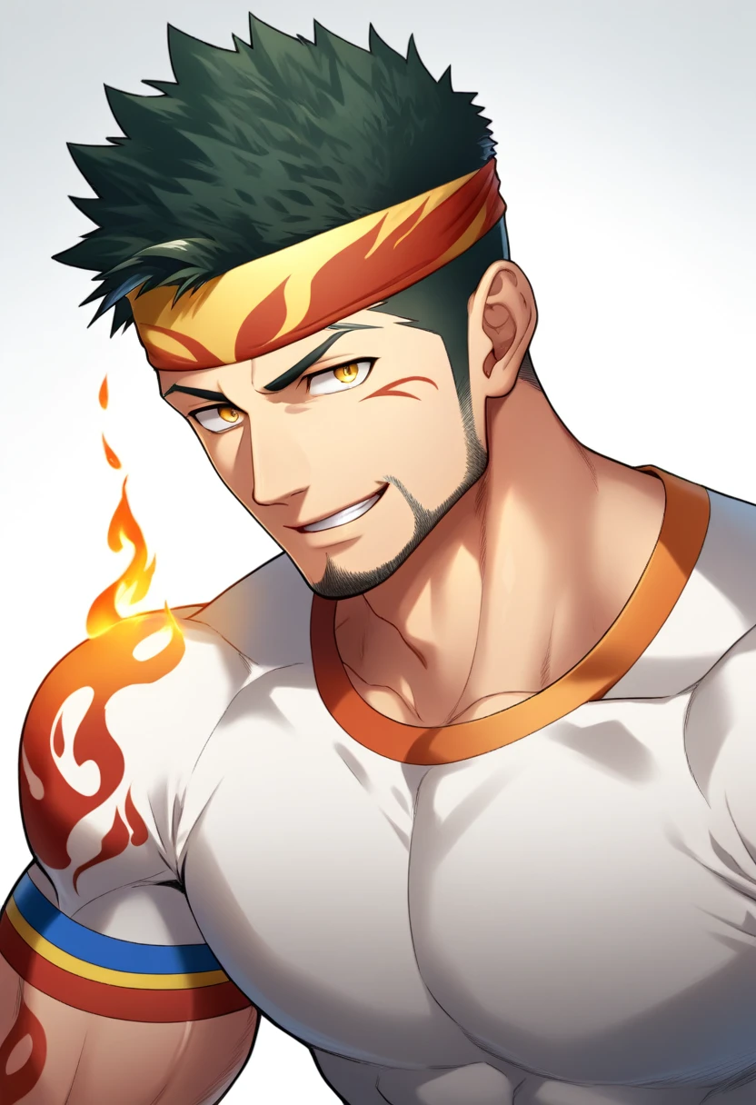 anime characters：Gyee, priapus, 1 young muscular man, male focus, Flame tattoo, sports Red headband, Creamy white spandex tight T-shirt, muscular male, muscular, only, Upper body, alone, Black short hair, stubble, Yellow eyes, White background, simple background, amazing quality, best aesthetics, Ridiculous, bright pupils, crew cut, naughty face, torogao, parted lips, best quality