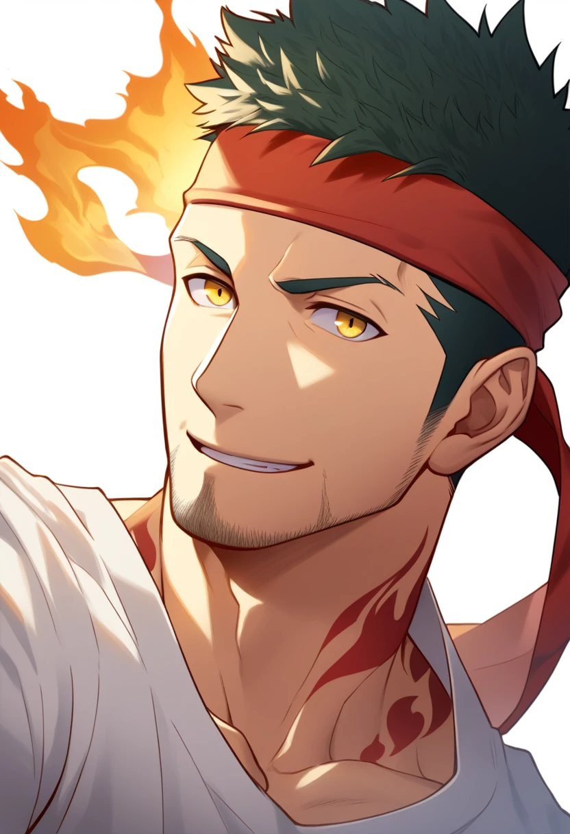 anime characters:Gyee, priapus, ung muscular man, male focus, Flame tattoo, sports Red headband, Creamy white spandex tight T-shirt, muscular male, muscular, only, Upper body, alone, Black short hair, stubble, Yellow eyes, White background, simple background, amazing quality, best aesthetics, Ridiculous, bright pupils, crew cut, naughty face, torogao, parted lips, best quality