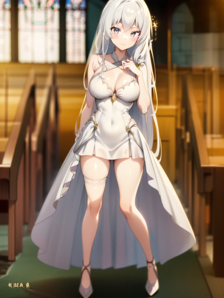 A girl，Long hair, Bangs, White hair, Hair between the eyes, s eyes:（1.5),  (Large Breasts:1.2), 
rest  锁骨, Wedding dress，veil，wedding，White Dress，Flowers，The skirt is broken，White socks，Tights，White knee socks，
Looking at the audience, whole body,
indoors, church，permanent，permanent，
rest (masterpiece:1.2), best quality, high resolution,  8k wallpaper, (illustration:0.8), (美丽细致s eyes:1.6), Extremely detailed face, Perfect lighting, Extremely detailed CG, (Perfect hands, Perfect anatomical structure),