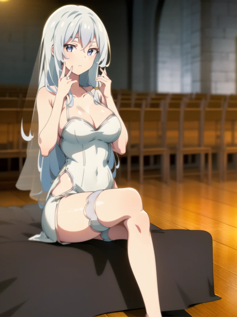 A girl,Long hair, Bangs, White hair, Hair between the eyes, s eyes:(1.5), (Large Breasts:1.2),
rest 锁骨, Wedding dress,veil,wedding,White Dress,Flowers,The skirt is broken,White socks,Tights,White knee socks,
Looking at the audience, whole body,
indoors, church,permanent,permanent,
rest (masterpiece:1.2), best quality, high resolution, 8k wallpaper, (illustration:0.8), (美丽细致s eyes:1.6), Extremely detailed face, Perfect lighting, Extremely detailed CG, (Perfect hands, Perfect anatomical structure),