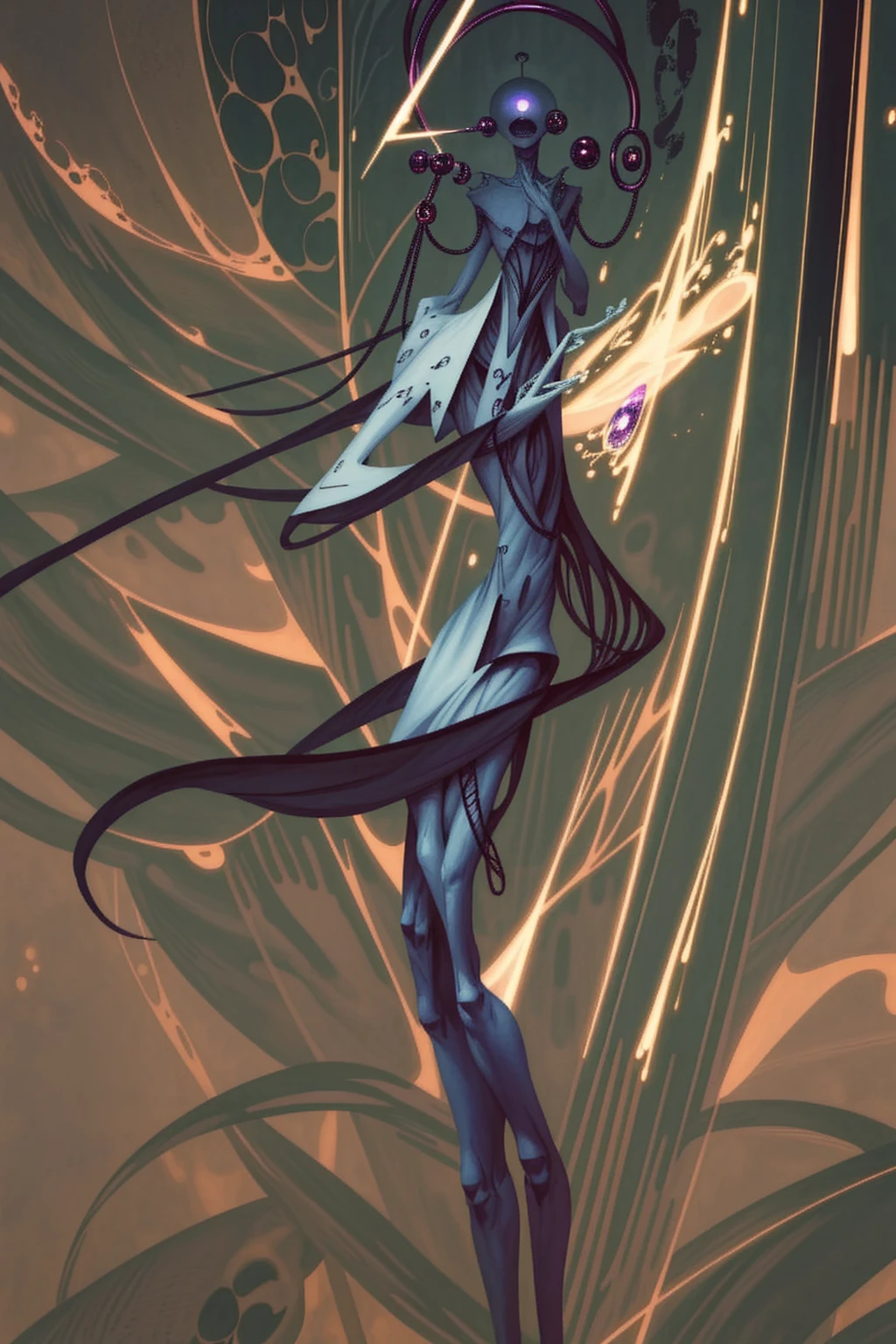 A powerful humanoid figure, a towering faceless entity in a perfect white void, doesn't have a humanoid face, an alien of incredible scale, galactic purple skin, 6 slits across the face pouring with stardust, very long limbs, strange hands with 2 thumbs and 2 fingers on each side, pearly white piercings lining up symmetrical across its abdomen, pearly white and alien jewelry hanging off the sides of its head, bipedal and has two lanky arms, very ethereal form, very prominent (upside-down triangle) mask covering the whole face with 6 slits pouring stardust