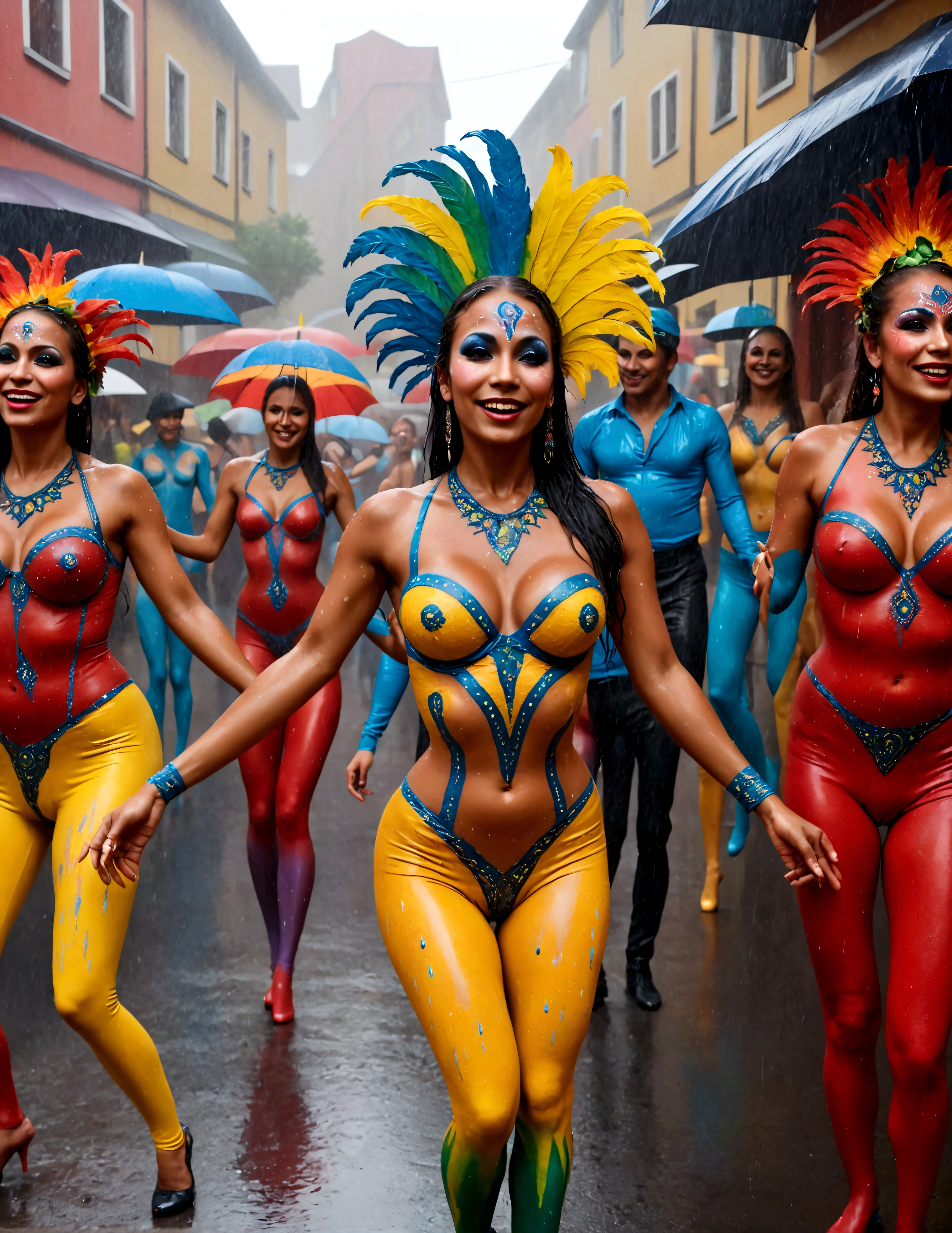 Carnivale, a party of people in body paint costumes dance in the street, a heavy rain has hit, they dancers continue without stopping. Festive, colorful, joy
