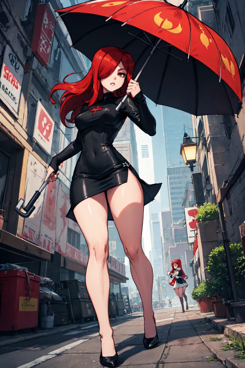 parasoul, 1girl, solo, long red hair, black clothes, holding umbrella, 1 long umbrella, in combat, movement, short dress, focus on face, striking a shadow with the umbrella, city at night, combat pose, movement, dynamic camera