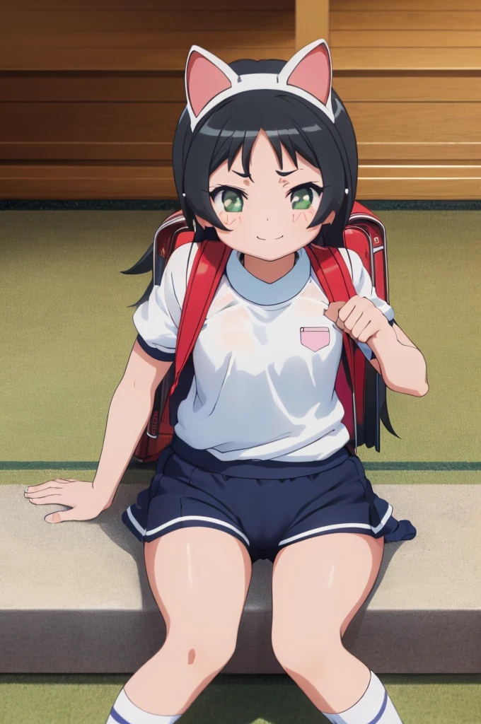 masterpiece, ultra quality, ultra sharp, ultra detailed, 1girl, solo, (((good anatomy))), haduki kurumi, (tattered torn dripping wet white gym shirt), navy gym pants, animal ears, randoseru, name tag, Japanese anime pose, laugh, BurumaShorts, Buruma, Gym Uniform, (((sitting:1.4, squatting:1.4, spread_legs, legspread, split_legs, spreading legs)), (randoseru backpack:1.4), (((smirk smile))), buruma, blue buruma, black buruma, (cameltoe), (tattered torn short sleeve white gym uniform with colored hem), (tiny nipples), (white long loose socks), strong lighting, legspread, bukkake, cum on clothes, cum on legs, cum on buruma, cum on bloomers,