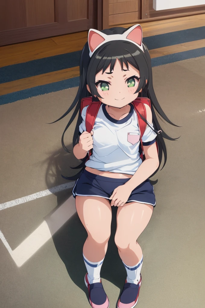 masterpiece, ultra quality, ultra sharp, ultra detailed, 1girl, solo, (((good anatomy))), haduki kurumi, (tattered torn dripping wet white gym shirt), navy gym pants, animal ears, randoseru, name tag, Japanese anime pose, laugh, BurumaShorts, Buruma, Gym Uniform, (((sitting:1.4, squatting:1.4, spread_legs, legspread, split_legs, spreading legs)), (randoseru backpack:1.4), (((smirk smile))), buruma, blue buruma, black buruma, (cameltoe), (tattered torn short sleeve white gym uniform with colored hem), (tiny nipples), (white long loose socks), strong lighting, legspread, bukkake, cum on clothes, cum on legs, cum on buruma, cum on bloomers,