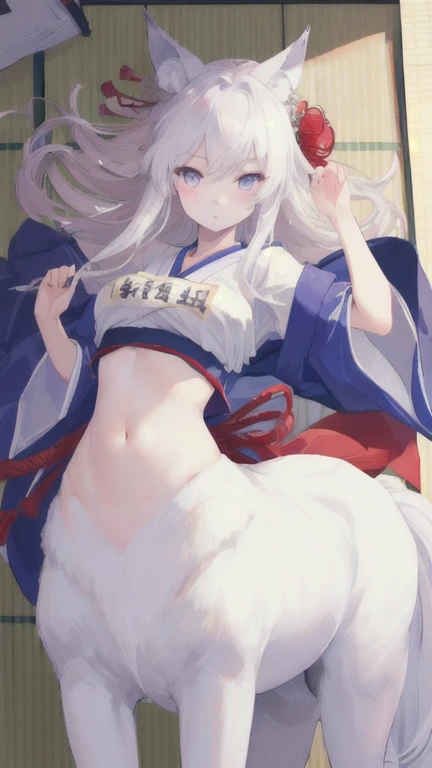 (best quality, masterpiece), 1 girl, centaur, It takes, White skin, Japanese , exposing the abdomen,belly button t-shirt, 아름다운 소녀 perfect wolf photo, perfect wolf photo