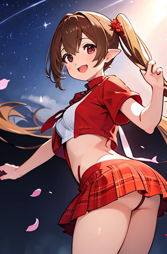 realistic image, coherent image, detailed image, 1 beautiful elf. She has brown hair, long hair with two pigtails. Scarlet eyes, long eyelashes. Her face is oval and delicate. smiling with open mouth. She is wearing a traditional red shirt, with a tangerine collar, showing her navel, plaid pleated mini skirt, sneakers, she has a curvy body, medium breasts and thick thighs. showing her thong. view of the thong, view from behind. Urban background. starry night, flower petals falling. natural lighting in front, volumetric lighting