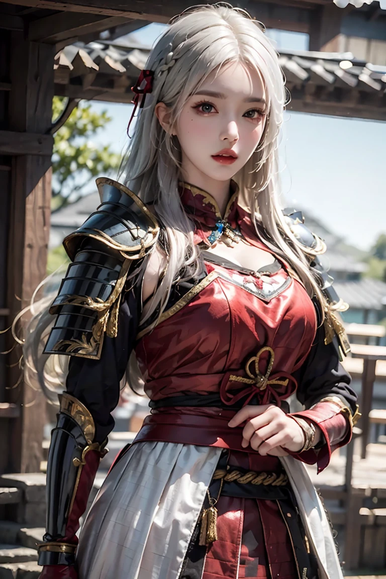 female,masterpiece, realistic, best quality, ultra detailed, cowboy_shot, long hair, white hair, red lips, jewelery, samurai armor, shogun armor