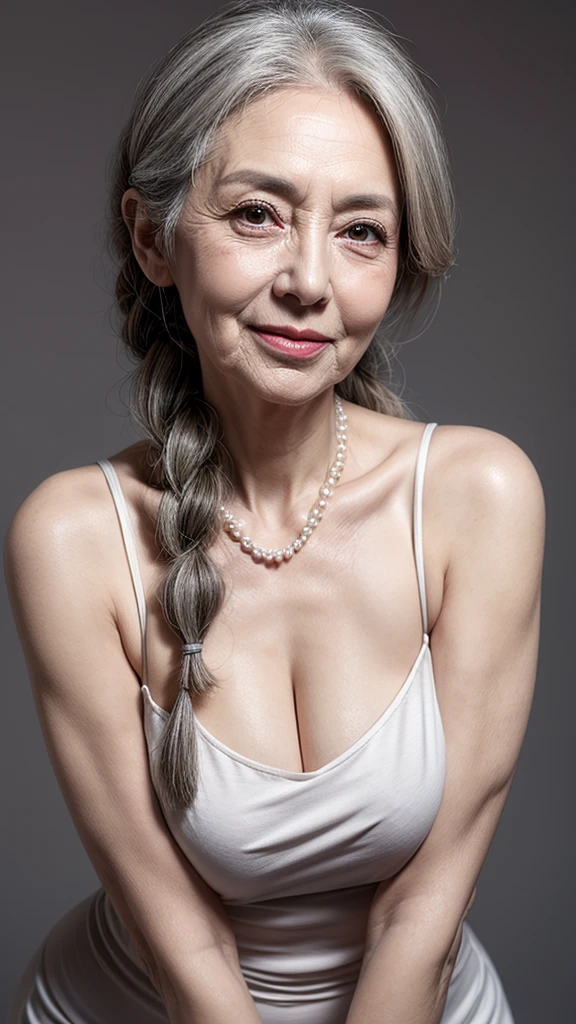 Beautiful elderly woman, cute,sexy,55 years old,,sexy,Wear a pearl necklace, old woman,Big saggy Breasts, Hair in a plait, long plait, plain grey background