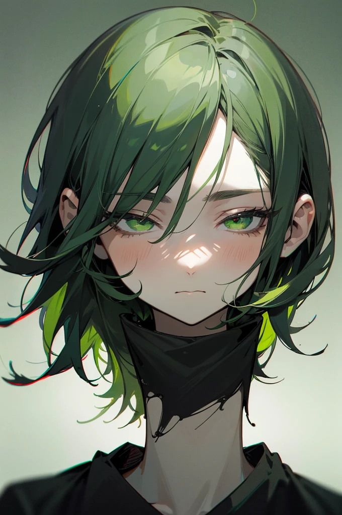 (Split-color hair, black hair, green hair)), green eyes, short hair, high quality, masterpiece, best quality , focus on face, depression,black background, closed mouth, (blank eyes1.5) expressionless