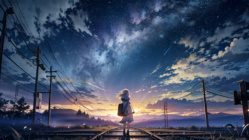 Create a surreal, dreamlike scene set under a night sky filled with stars, meteors, and a large, luminous moon. In the foreground, a lone figure stands on a railway track, their back facing the viewer. The figure is holding a suitcase in one hand and is wearing a hoodie, giving a sense of journey or departure. The railway tracks stretch into the distance, framed by tall utility poles and wires, adding a sense of depth and perspective.Above the figure, the sky is filled with clouds and celestial elements. Prominent among them is a giant ethereal image of a woman with long, flowing hair playing a guitar. The woman's serene expression and the way her hair blends into the clouds create a mystical, musical ambiance. The falling meteors and twinkling stars add a touch of magic and movement to the scene.In the mid-ground, another smaller figure can be seen walking along the tracks, adding to the sense of a journey or quest. The surrounding vegetation is softly illuminated by the moonlight, with hints of blue and silver tones, enhancing the nocturnal, dreamlike quality of the landscape.The overall mood of the image is contemplative and melancholic, evoking feelings of longing, nostalgia, and the infinite possibilities of the night. The composition should emphasize the contrast between the grounded railway track and the surreal celestial vision above, creating a harmonious blend of reality and fantasy.