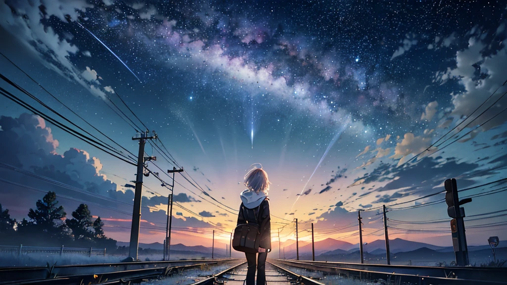 Create a surreal, dreamlike scene set under a night sky filled with stars, meteors, and a large, luminous moon. In the foreground, a lone figure stands on a railway track, their back facing the viewer. The figure is holding a suitcase in one hand and is wearing a hoodie, giving a sense of journey or departure. The railway tracks stretch into the distance, framed by tall utility poles and wires, adding a sense of depth and perspective.Above the figure, the sky is filled with clouds and celestial elements. Prominent among them is a giant ethereal image of a woman with long, flowing hair playing a guitar. The woman's serene expression and the way her hair blends into the clouds create a mystical, musical ambiance. The falling meteors and twinkling stars add a touch of magic and movement to the scene.In the mid-ground, another smaller figure can be seen walking along the tracks, adding to the sense of a journey or quest. The surrounding vegetation is softly illuminated by the moonlight, with hints of blue and silver tones, enhancing the nocturnal, dreamlike quality of the landscape.The overall mood of the image is contemplative and melancholic, evoking feelings of longing, nostalgia, and the infinite possibilities of the night. The composition should emphasize the contrast between the grounded railway track and the surreal celestial vision above, creating a harmonious blend of reality and fantasy.