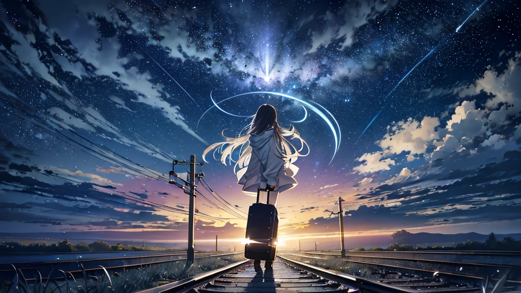 Create a surreal, dreamlike scene set under a night sky filled with stars, meteors, and a large, luminous moon. In the foreground, a lone figure stands on a railway track, their back facing the viewer. The figure is holding a suitcase in one hand and is wearing a hoodie, giving a sense of journey or departure. The railway tracks stretch into the distance, framed by tall utility poles and wires, adding a sense of depth and perspective.Above the figure, the sky is filled with clouds and celestial elements. Prominent among them is a giant ethereal image of a woman with long, flowing hair playing a guitar. The woman's serene expression and the way her hair blends into the clouds create a mystical, musical ambiance. The falling meteors and twinkling stars add a touch of magic and movement to the scene.In the mid-ground, another smaller figure can be seen walking along the tracks, adding to the sense of a journey or quest. The surrounding vegetation is softly illuminated by the moonlight, with hints of blue and silver tones, enhancing the nocturnal, dreamlike quality of the landscape.The overall mood of the image is contemplative and melancholic, evoking feelings of longing, nostalgia, and the infinite possibilities of the night. The composition should emphasize the contrast between the grounded railway track and the surreal celestial vision above, creating a harmonious blend of reality and fantasy.