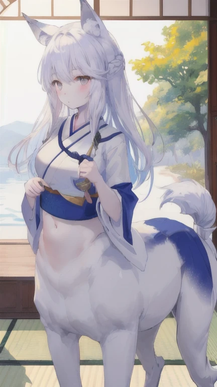(best quality, masterpiece), 1 girl, centaur, It takes, White skin, Japanese , exposing the abdomen,belly button t-shirt, 아름다운 소녀 perfect wolf photo, perfect wolf photo