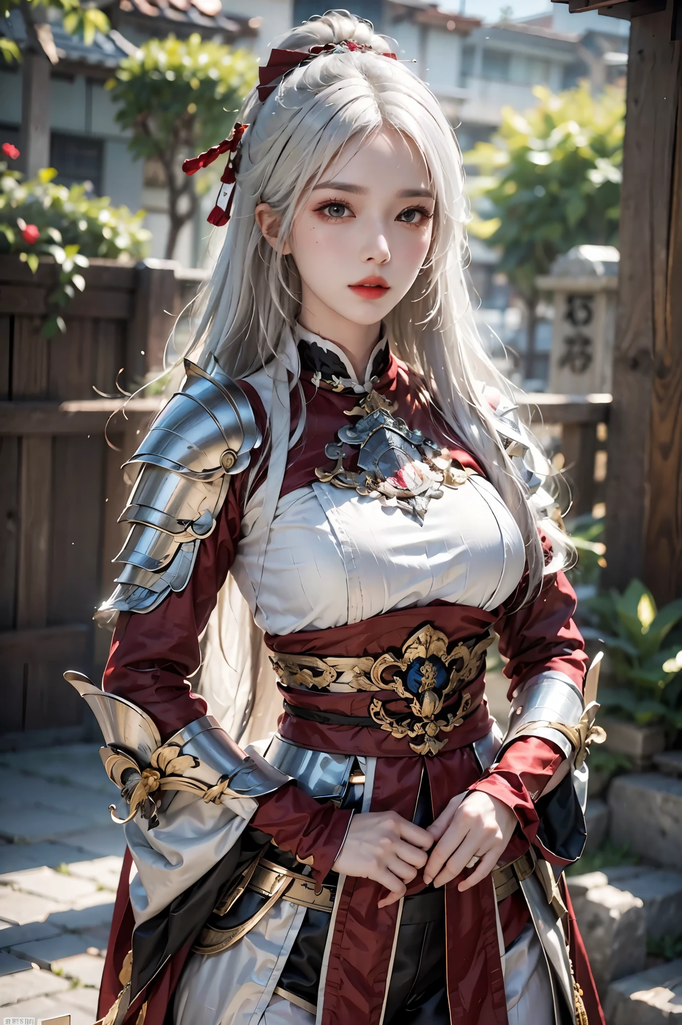 female,masterpiece, realistic, best quality, ultra detailed, cowboy_shot, long hair, white hair, red lips, jewelery, samurai armor, shogun armor