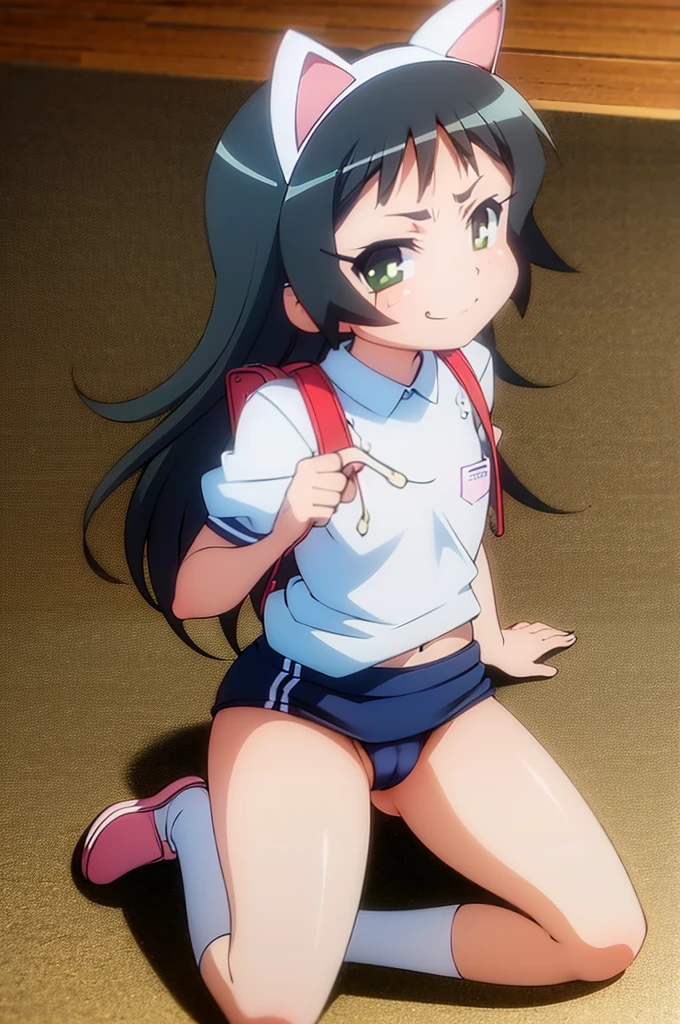 masterpiece, ultra quality, ultra sharp, ultra detailed, 1girl, solo, (((good anatomy))), haduki kurumi, (tattered torn dripping wet white gym shirt), navy gym pants, animal ears, randoseru, name tag, Japanese anime pose, laugh, BurumaShorts, Buruma, Gym Uniform, ((sitting, squatting, spread_legs, legspread, split_legs, spreading legs)), (randoseru backpack:1.4), (((smirk smile))), buruma, blue buruma, black buruma, (cameltoe), (tattered torn short sleeve white gym uniform with colored hem), (tiny nipples), (white long loose socks), strong lighting, legspread, bukkake, cum on clothes, cum on legs, cum on buruma, cum on bloomers,