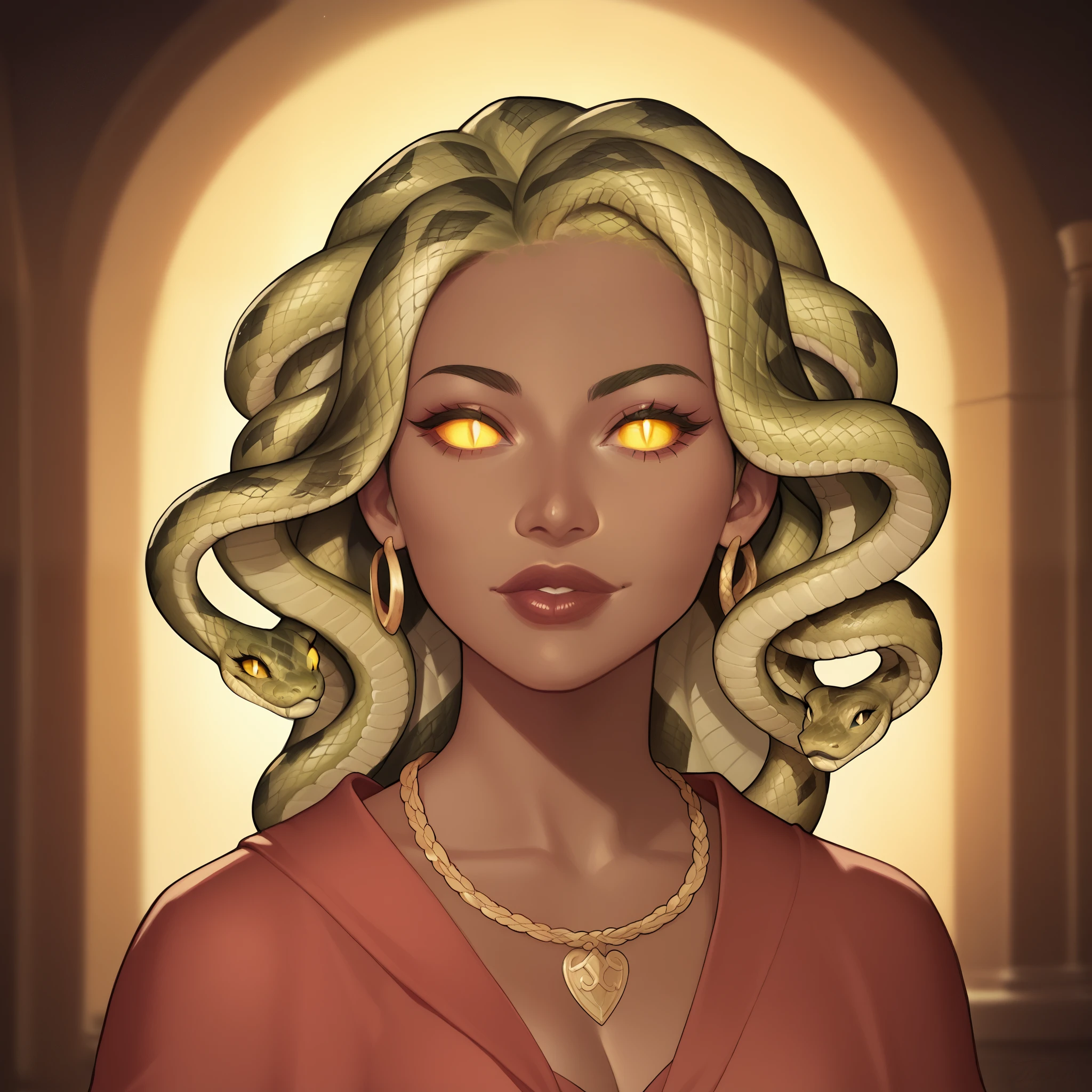 (((beautiful, high quality, perfect eyes, comics style, semi-realistic, detailed face))), upper body, score_9, score_8_up, score_7_up, | ((white sclera, black pupils, slit pupils, scales)), 1girl, (((sn4k3h41r, snake hair,))), Very ((dark skin, dark-skinned)), full of happiness, looks so happy, big eyes, wide bold lips, dress wizard robes, | (fantasy background, blurred background), digital painting, volumetric lighting, easynegative, JIM EIDOMODE,