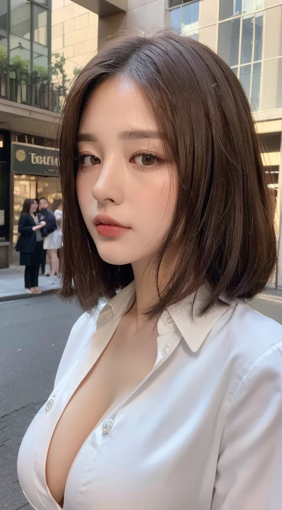 ((best quality, 8K, masterpiece :1.3)), sharp focus :1.2, pretty girl with perfect body :1.4, slim abs :1.2, ((dark brown hair, big bust :1.2)), (White button-up long shirt :1.1), city street:1.2, Highly detailed face and skin texture, detailed eyes, double eyelid