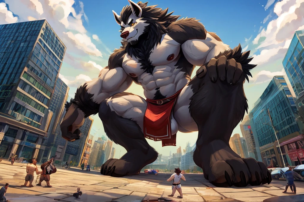 Giant Anthropomorphic Mightyena Pokemon Man, Yellow Eyes, Muscular, Hairy, Tired, Handsome, Charming, View from below, Daddy, Bara, Horny, Flirty, Older Brother, Four toed feet, cock and balls, teasy, Macro, Bully, Jock, flirting with tiny viewer, Loin Cloth