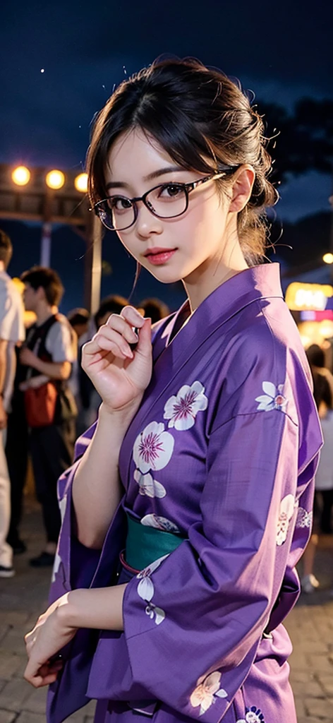A woman with glasses wearing a purple yukata on a date at a summer festival at night