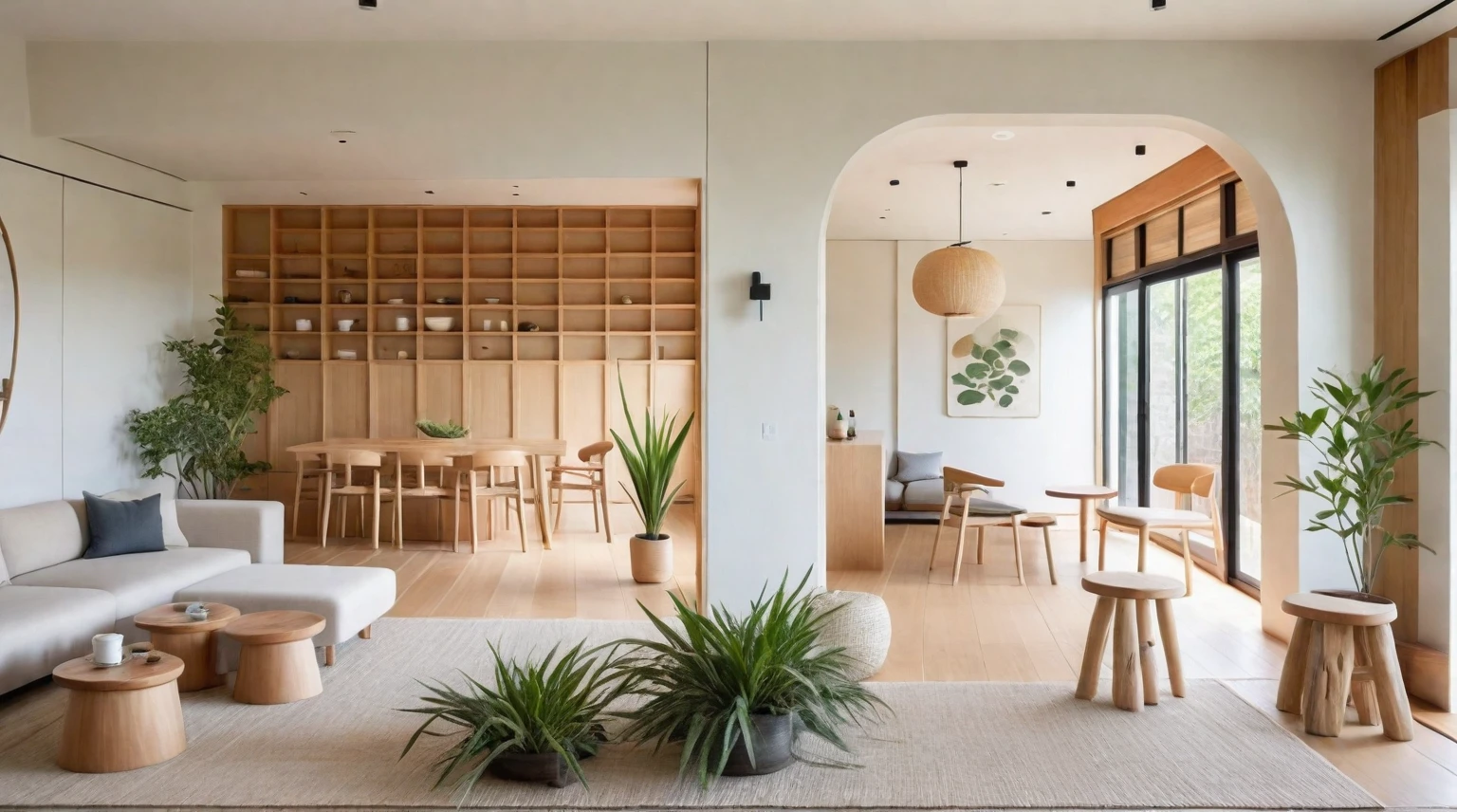 A Muji style living room featuring a reception bar area with high stools. The space has a neutral color palette of whites, beiges, and natural wood tones. It includes a flat ceiling with evenly spaced recessed downlights. The reception bar area has a wooden counter and high stools. The living room features a low-profile sofa, wooden coffee table, wall-mounted shelves, large windows with wooden blinds, potted plants, full of rustic handmade decor, and an accent wall with artistic tile or stone cladding. The design emphasizes functionality and simplicity, with a focus on natural materials and a serene color palette. The layout is open and spacious, promoting a sense of calm and relaxation. The overall look is modern yet warm, with an emphasis on comfort, natural beauty, and handmade elements. ((8k)), high quality detail, minimalist design, neutral color palette, natural materials, clean lines, serene and functional, modern Japanese aesthetic, flat ceiling, recessed downlights, wooden reception bar, high stools, low-profile sofa, wooden coffee table, wall-mounted shelves, large windows, wooden blinds, potted plants, handmade decor, artisanal elements, artistic tile or stone accent wall, natural light, uncluttered, open layout, traditional Japanese wall hangings, paper lanterns.