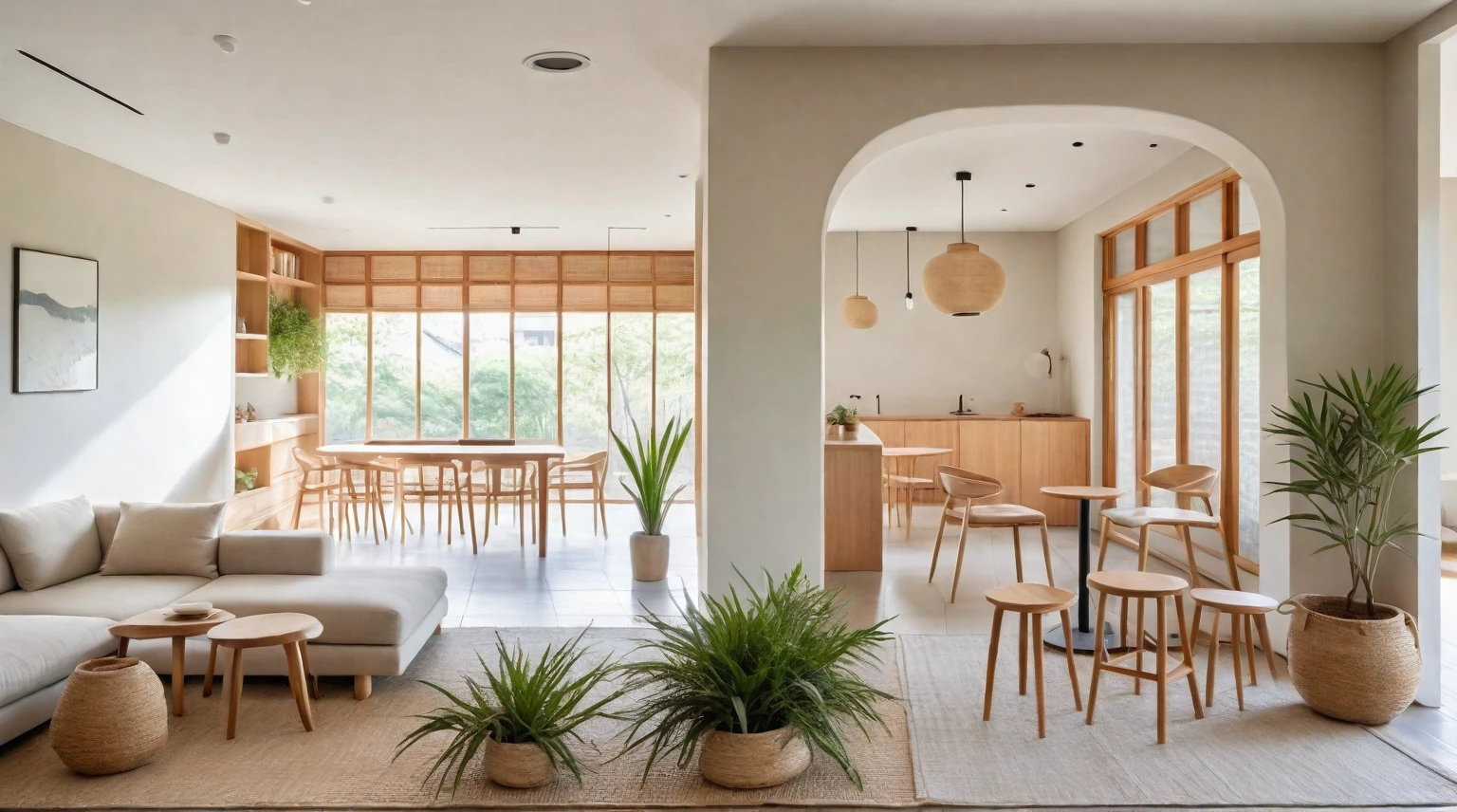 A Muji style living room featuring a reception bar area with high stools. The space has a neutral color palette of whites, beiges, and natural wood tones. It includes a flat ceiling with evenly spaced recessed downlights. The reception bar area has a wooden counter and high stools. The living room features a low-profile sofa, wooden coffee table, wall-mounted shelves, large windows with wooden blinds, potted plants, full of rustic handmade decor, and an accent wall with artistic tile or stone cladding. The design emphasizes functionality and simplicity, with a focus on natural materials and a serene color palette. The layout is open and spacious, promoting a sense of calm and relaxation. The overall look is modern yet warm, with an emphasis on comfort, natural beauty, and handmade elements. ((8k)), high quality detail, minimalist design, neutral color palette, natural materials, clean lines, serene and functional, modern Japanese aesthetic, flat ceiling, recessed downlights, wooden reception bar, high stools, low-profile sofa, wooden coffee table, wall-mounted shelves, large windows, wooden blinds, potted plants, handmade decor, artisanal elements, artistic tile or stone accent wall, natural light, uncluttered, open layout, traditional Japanese wall hangings, paper lanterns.