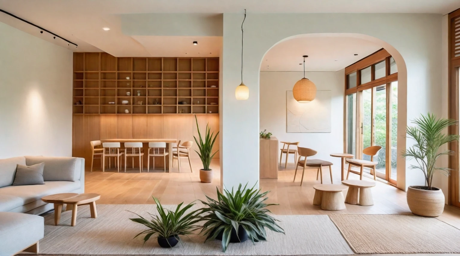 A Muji style living room featuring a reception bar area with high stools. The space has a neutral color palette of whites, beiges, and natural wood tones. It includes a flat ceiling with evenly spaced recessed downlights. The reception bar area has a wooden counter and high stools. The living room features a low-profile sofa, wooden coffee table, wall-mounted shelves, large windows with wooden blinds, potted plants, full of rustic handmade decor, and an accent wall with artistic tile or stone cladding. The design emphasizes functionality and simplicity, with a focus on natural materials and a serene color palette. The layout is open and spacious, promoting a sense of calm and relaxation. The overall look is modern yet warm, with an emphasis on comfort, natural beauty, and handmade elements. ((8k)), high quality detail, minimalist design, neutral color palette, natural materials, clean lines, serene and functional, modern Japanese aesthetic, flat ceiling, recessed downlights, wooden reception bar, high stools, low-profile sofa, wooden coffee table, wall-mounted shelves, large windows, wooden blinds, potted plants, handmade decor, artisanal elements, artistic tile or stone accent wall, natural light, uncluttered, open layout, traditional Japanese wall hangings, paper lanterns.