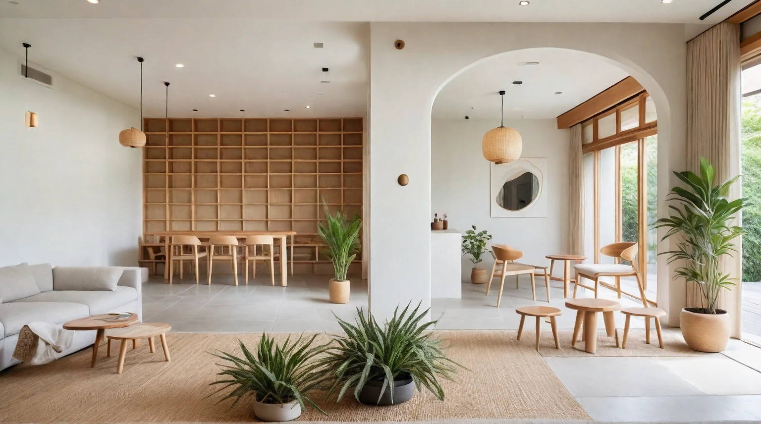 A Muji style living room featuring a reception bar area with high stools. The space has a neutral color palette of whites, beiges, and natural wood tones. It includes a flat ceiling with evenly spaced recessed downlights. The reception bar area has a wooden counter and high stools. The living room features a low-profile sofa, wooden coffee table, wall-mounted shelves, large windows with wooden blinds, potted plants, full of rustic handmade decor, and an accent wall with artistic tile or stone cladding. The design emphasizes functionality and simplicity, with a focus on natural materials and a serene color palette. The layout is open and spacious, promoting a sense of calm and relaxation. The overall look is modern yet warm, with an emphasis on comfort, natural beauty, and handmade elements. ((8k)), high quality detail, minimalist design, neutral color palette, natural materials, clean lines, serene and functional, modern Japanese aesthetic, flat ceiling, recessed downlights, wooden reception bar, high stools, low-profile sofa, wooden coffee table, wall-mounted shelves, large windows, wooden blinds, potted plants, handmade decor, artisanal elements, artistic tile or stone accent wall, natural light, uncluttered, open layout, traditional Japanese wall hangings, paper lanterns.