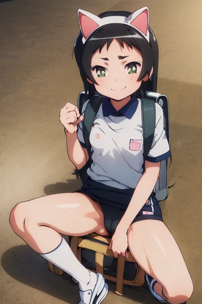 masterpiece, ultra quality, ultra sharp, ultra detailed, 1girl, solo, (((good anatomy))), haduki kurumi, (tattered torn dripping wet white gym shirt), navy gym pants, animal ears, randoseru, name tag, Japanese anime pose, laugh, BurumaShorts, Buruma, Gym Uniform, (((sitting, squatting, spread_legs, legspread, split_legs, spreading legs)), (randoseru backpack:1.4), (((smirk smile))), buruma, blue buruma, black buruma, (cameltoe), (tattered torn short sleeve white gym uniform with colored hem), (tiny nipples), (white long loose socks), strong lighting, legspread, bukkake, cum on clothes, cum on legs, cum on buruma, cum on bloomers,