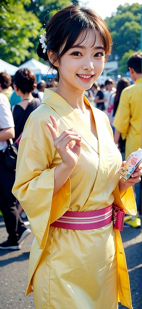 A woman wearing a cute yellow yukata having fun at a summer festival in the evening