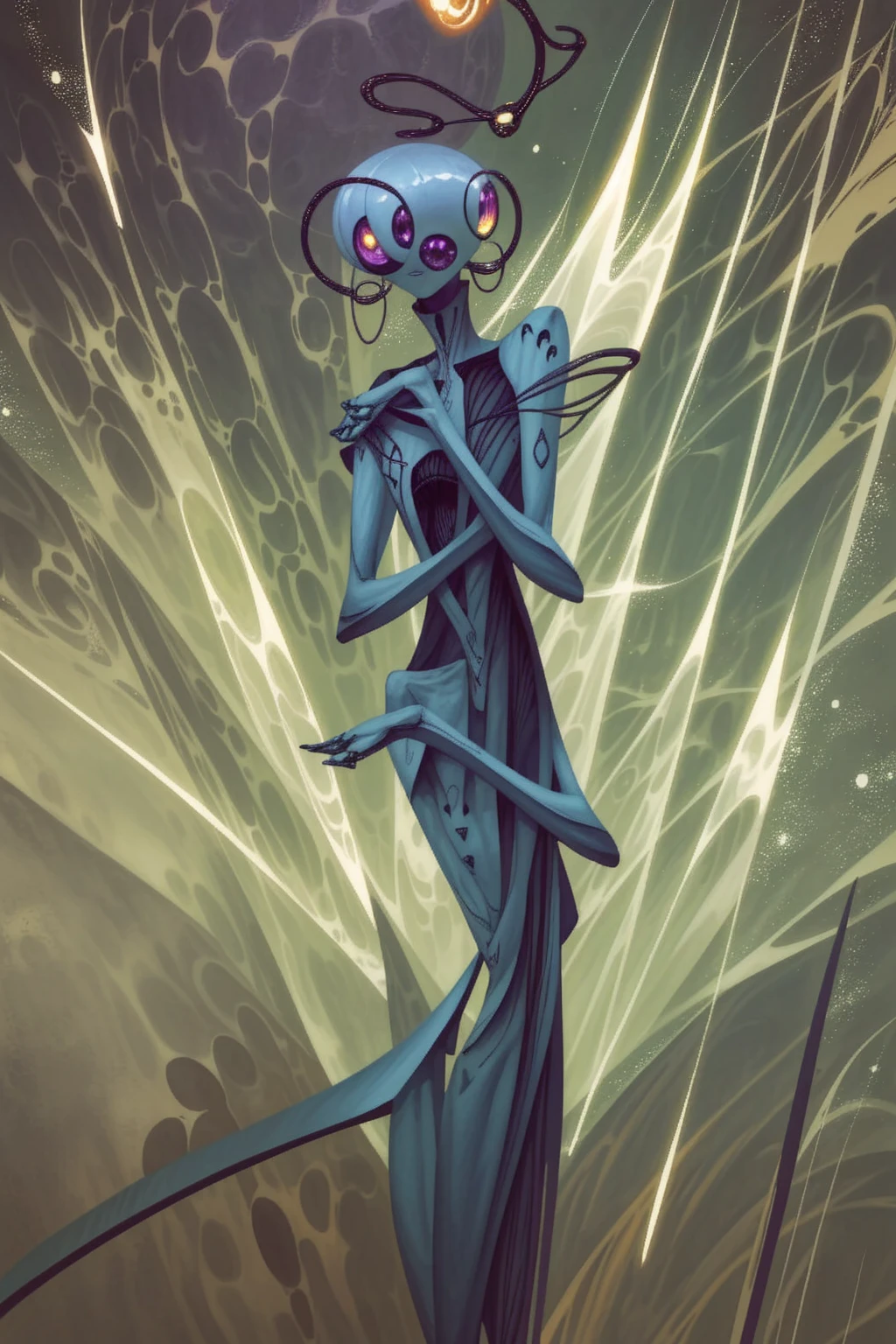 A powerful humanoid figure, a towering faceless entity in a perfect white void, doesn't have a humanoid face, an alien of incredible scale, galactic purple skin, 6 slits across the face pouring with stardust, very long limbs, strange hands with 2 thumbs and 2 fingers on each side, pearly white piercings lining up symmetrical across its abdomen, pearly white and alien jewelry hanging off the sides of its head, bipedal and has two lanky arms, very ethereal form, very prominent (upside-down triangle) mask covering the whole face with 6 slits pouring stardust, large prism shaped head