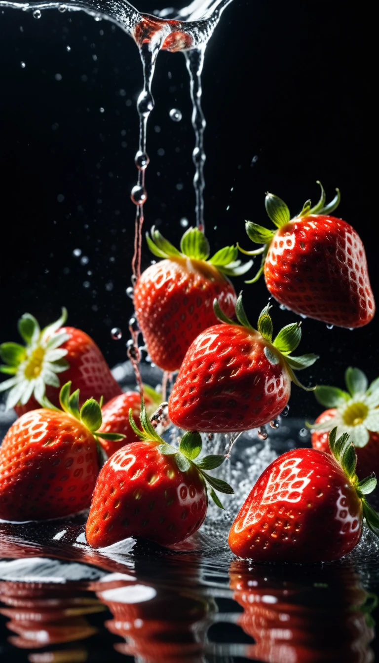 cinematic RAW photo，foto ultra real，Ultra foto realsisim，Digital SLR，soft lighting，Product photo of 5 strawberries falling into the water、Drippy、Splash clear liquid、water bloom，dynamic compositionaster part) (best quality) (circunstanciado) (Cinematic lighting) (foco nítido) (intrincado), master part, best quality, ultrahigh-resolution, 8K UHD