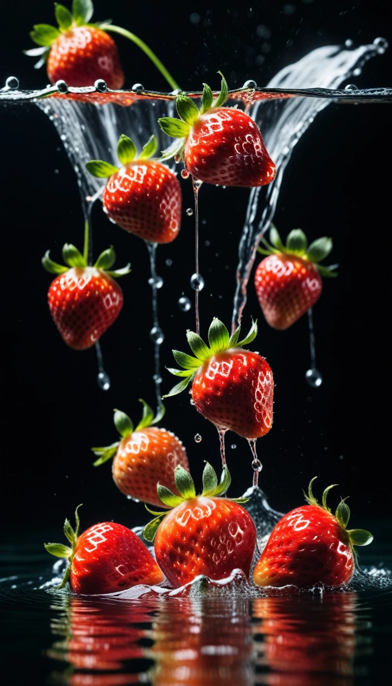 cinematic RAW photo，foto ultra real，Ultra foto realsisim，Digital SLR，soft lighting，Product photo of 5 strawberries falling into the water、Drippy、Splash clear liquid、water bloom，dynamic compositionaster part) (best quality) (circunstanciado) (Cinematic lighting) (foco nítido) (intrincado), master part, best quality, ultrahigh-resolution, 8K UHD